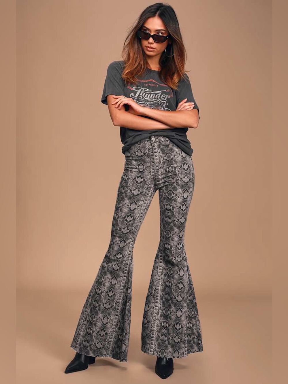 We The Free Free People Just Float On Snake Print Flare Bell Bottom Jeans